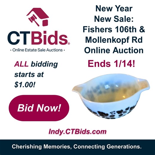 Visit: https://bit.ly/4biAph2 Welcome to our New Year New Sale: Fishers 106th & Mollenkopf Rd Online Auction on CTBids! Ends 1/14! ALL bidding starts at $1.00 with NO RESERVES! Full house estate sale! Everything must go, see what treasures you can find. We hope you enjoy browsing these curated collections. Featured lots: Vintage Pyrex Gooseberry Cinderella Pattern Mixing Bowls; Berndes Stockpot & Vintage Cast Aluminum Dutch Oven; Bose Wave Music System IV; Classic Dark Wood Dining Table and Chai