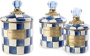 MACKENZIE-CHILDS Enamel Canister Set, Mini (14 oz.), Demi (24 oz.), and Small (38 oz.) Kitchen Containers, Blue-and-White Royal Check