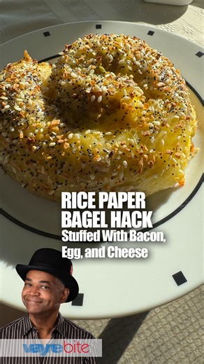 Rice Paper Bacon, Egg & Cheese “Bagel” | My new breakfast obsession 🥓🥚🧀✨ This Rice Paper “Bagel” is my favorite lower-carb breakfast hack. Rice paper gets softened with egg, layered with crispy bacon, melty cheese, and whatever breakfast fillings you love, then rolled pinwheel-style, sprinkled generously with everything bagel seasoning, and baked until golden and crave-worthy. You get all the cozy, savory satisfaction of a classic bagel sandwich—without all the extra carbs and calories. Crunc
