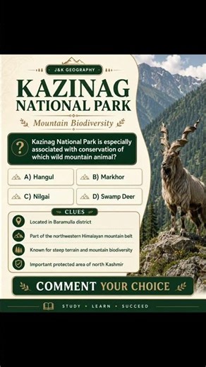 J&K Geography MCQ | The Mystery of Kazinag National Park & The Markhor 🐐⛰️