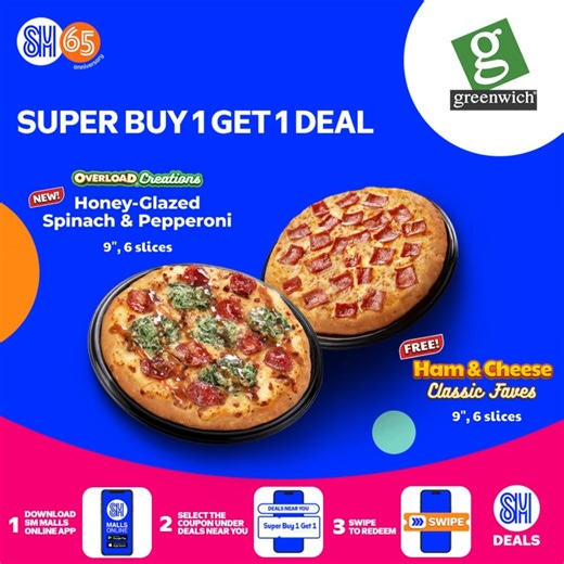 450 reactions · 24 shares | Level-up your barkada hangout with this buy 1 get 1 deal from Greenwich. Get 2 pizzas for the price of 1! Buy One (1) 9" Honey-Glazed Spinach & Pepperonifor P285 and Get One (1) 9" Ham & Cheese Pizza for FREE!   Download, register, and swipe the coupon in-store using the SM Malls Online App to avail the deal. See details and participating branches here https://gosm.link/3RT5I8z | SM Deals | Facebook