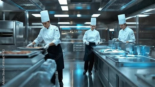 Modern commercial kitchen with chefs preparing food on stainless steel counters