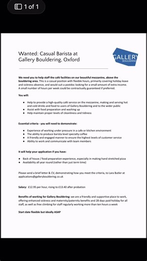 Gallery Bouldering on Instagram: "Wanted: Casual Barista at Gallery Bouldering! We need you to help staff the café facilities on our beautiful mezzanine, above the bouldering area. This is a casual position with flexible hours, primarily covering holiday leave and sickness absence, and would suit a postdoc looking for a small amount of extra income. A small number of hours per week could be contractually guaranteed if preferred. You will: • Help to provide a high-quality café service on the mezz