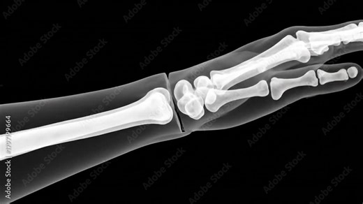 A 3D medical animation of a Colles' fracture in the wrist, showing the distal radius break and displacement from a fall