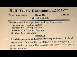 Half Yearly Exam Class 9 English Paper 2021-2022