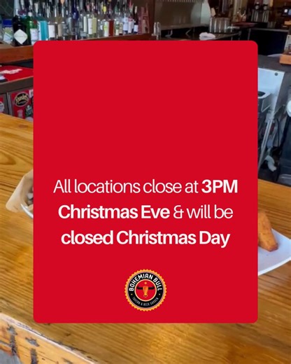 Holiday Hours Update 🎄 All locations will close at 3pm on Christmas Eve and remain closed on Christmas Day so our team can enjoy the holiday. Thanks for celebrating the season with us! | Bohemian Bull Mt. Pleasant, SC