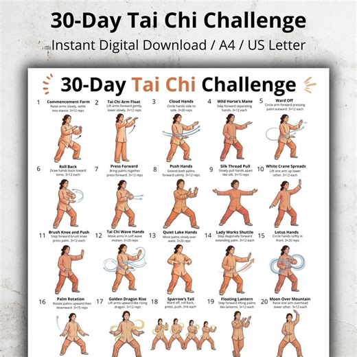 30 Day Tai Chi Challenge Printable PDF Poster, Daily Tai Chi Exercise Plan, Full Body Tai Chi Routine, Balance Poster, Home Fitness Chart - Etsy