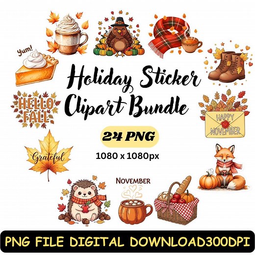 Autumn Sticker Clipart Bundle | Fall PNG Illustrations (digital Download) - Etsy