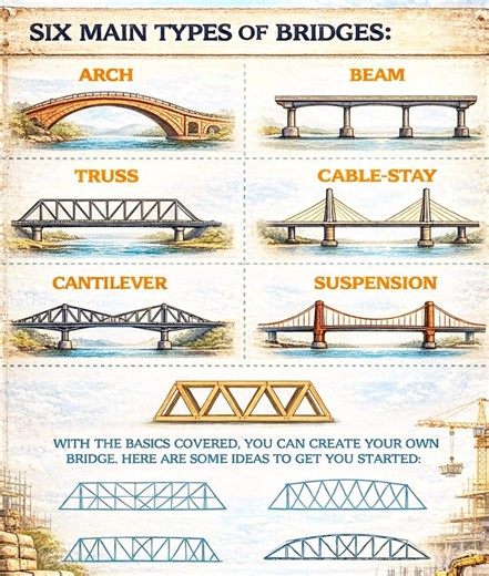 Six Main Types Of Bridges 1. Arch 2. Beam 3. Truss 4. Cable Stay 5. Cantilever 6. Suspension #Typeofbridge #Bridgedesign #Design #Civil #civilengineering #Engineering #construction #DSE #constructionlife #constructionequipment #constructionworker #knowledge #educacion #Loading #fbpost2025 #architecture #engineering #steel #trend #foundation | DSE