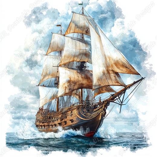 Watercolor Sailing Ship Clip Art, Vintage Pirate Ship Images (JPG Set) - Etsy