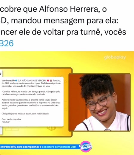 Milena recebe mensagem de Poncho do RBD no BBB26