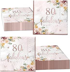 40Pieces 80th Falulous Paper Napkin - Rose Gold Party Supplies Disposable Rose Gold Floral Theme Napkins for Women 80th Birthday,Anniversary Wedding Party Favors