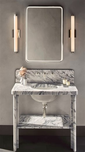 Waterworks on Instagram: "Introducing new WASHSTANDS featuring THE WATERWORKS CUT. Celebrating exquisite materiality, each new washstand features the Waterworks Cut, a new standard counter surface—an indulgent 5 cm slab carved from a single block of marble—paired with architecturally forward bases in solid brass, bronze, marble, or blackened steel. The result transforms what was once purely functional into extraordinary bath furniture. From fluted edges to integrated marble backsplashes and shel