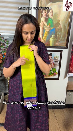 Advaya Weaves on Instagram: "(Sold) நிசப்தம் (Nishabdam) Where silence is woven, and elegance is felt. From our Minimalistic Beauties – Thirubhuvanam Series, this pure Thirubhuvanam silk saree comes in a rare apple green tone — a hue that glows quietly. Accented with royal blue , Single sided border, understated, and finished with a simple pallu. No blouse. Because the saree itself is complete. A piece for women who love restraint, heritage, and elegance that whispers — never shouts. ▫️ Minimal