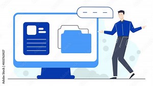 big computer screen with a man character standing business animated illustration video