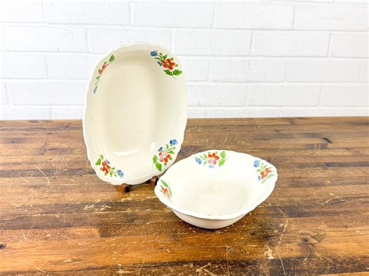 Vintage Edwin M Knowles Serving Set | Oval Platter & Bowl Floral Scalloped Edge | Ivory China Ironstone Farmhouse Decor - Etsy