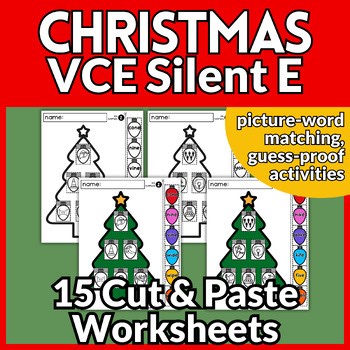 VCE / silent E /magic E Worksheet Phonics Review | Christmas Theme Cut and Paste