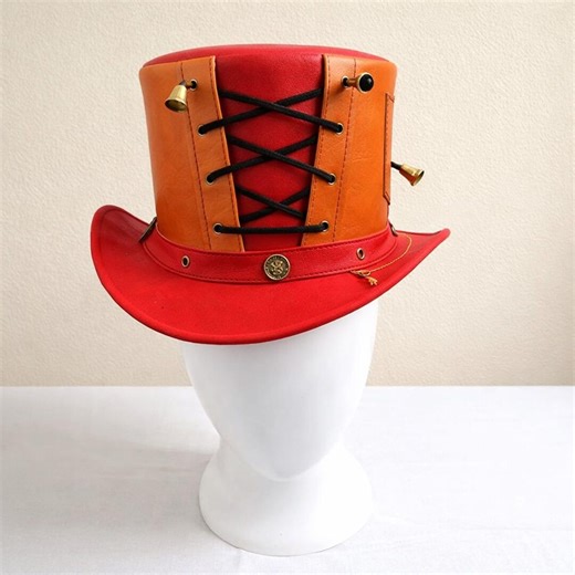 Handmade Red Orange Leather Top Hat Steampunk Lace up Cosplay Statement Wear - Etsy