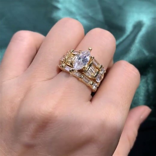 Sayabling 1.5ct Marquise Cut Vintage Three-piece Wedding Ring Set