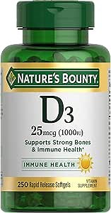 Nature’s Bounty Vitamin D3 1000 IU, Immune Support, Helps Maintain Healthy Bones, 250 Rapid Release Softgels