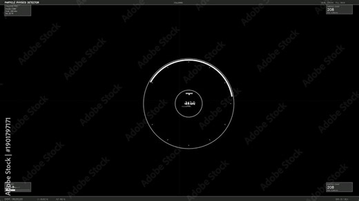HUD interface animation displays data for particle physics detection system in operation with various readings being monitored at a research lab