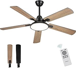Melkelen Ceiling Fan with Lights and Remote, 52 Inch Outdoor Ceiling Fan with Light, Modern Black Fan with Lights for Covered Patio Farmhouse Bedroom, MK06-BK