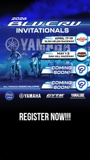 Yamaha BLU CRU on Instagram: "We’re excited to announce the first two rounds of the 2026 Yamaha BLU CRU Invitational!⁠ This is your chance to experience competitive racing, hands‑on Yamaha demos, family activities, and camaraderie that defines the BLU CRU community.⁠ ⁠ Registration for Glen Helen is NOW OPEN with Oak Hill opening soon.⁠ ⁠ Stay tuned for more updates!⁠ ⁠ ⁠ ⁠ #Yamaha #BLUCRU #victorYZone #RevsYourHeart"