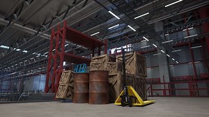 Industrial warehouse with wooden crates, rusted barrels, and yellow pallet jack used in supply handling distribution processes. Manufacturing facility used for goods production and storage, 3D render