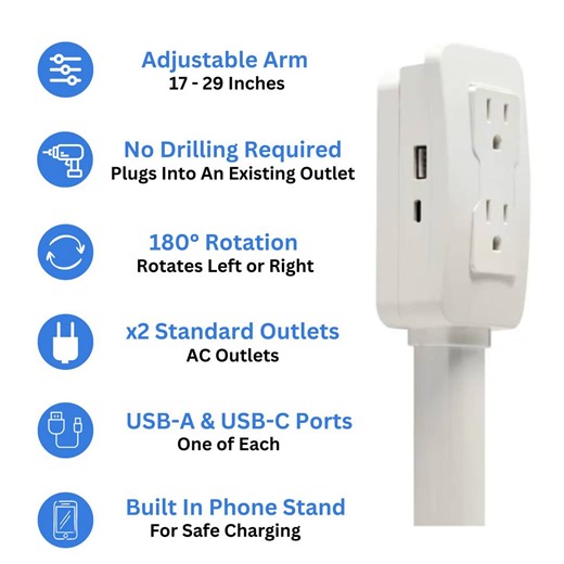 ⭐ Meet the Vertical Power-Lift OutletArm™ — your smart, plug-and-play upgrade that lifts hidden wall outlets from 17 - 29 inches, rotates 180°, and brings convenient power right to your fingertips ⭐ ✅ No tools, no damage — installs in seconds ✅ Lifts cables off the floor to end clutter and tripping hazards ✅ Built-in LED charging ledge — perfect for your phone or smart devices ✅ Instant, electrician-free upgrade that modernizes any room ⚡ Reclaim your power — elegantly, effortlessly, and exactly