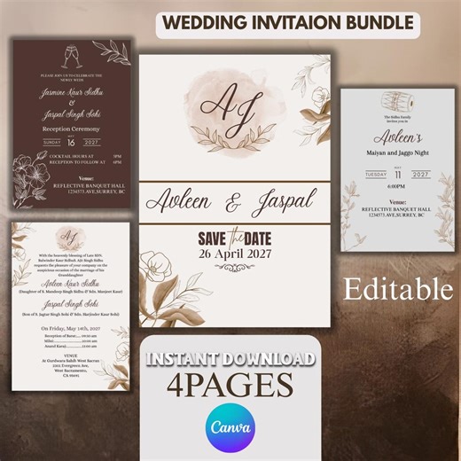 Brown Wedding Invitation Template, Editable Sikh Invite (canva, Instant Download, 4 Page Suite) - Etsy