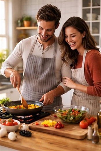 a couple cooking together in the kitchen