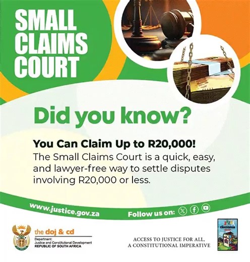 💡 Did you know? The Small Claims Court provides a faster, simpler way to resolve certain civil disputes involving amounts up to R20 000 — and you don’t need a lawyer. #GovZAUpdates #AccessToJusticeForAll | South African Government