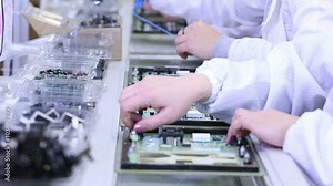 Workers are manufacturing Circuit Boards in Electronics Factory - Assembly line of LEDs, Transistors and other Electronic components being installed