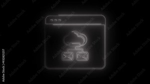 Neon Cloud Storage Icon - Glowing Cloud Computing Concept with Email Integration, Digital Data Transfer Symbol in Blue Light, Futuristic Technology Interface for File Sharing.