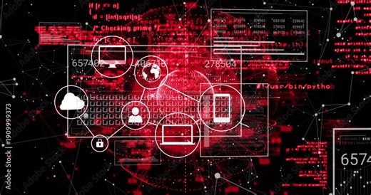 Red code streaks appearing, UI forming, icons linking over red sphere, visualizing security network
