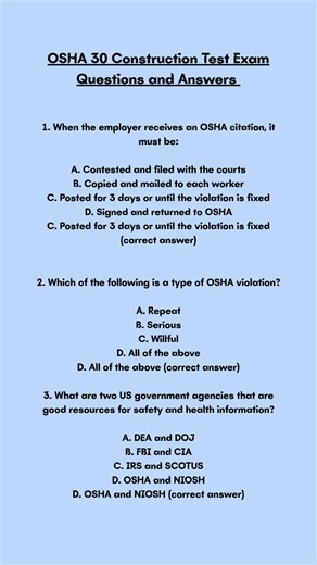 OSHA 30 Construction Test Exam Questions and Answers
