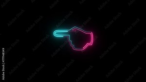 Hand cursor - pointer. Backhand index pointing left neon glowing bright icon. Turn left finger pointer.