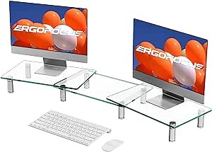 Dual Monitor Stand Riser, Clear Tempered Glass, Adjustable Length and Angle, Holds Up to 44lbs, 3 Levels