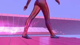 Futuristic 3D fashion model walking on a platform. Flying platforms...