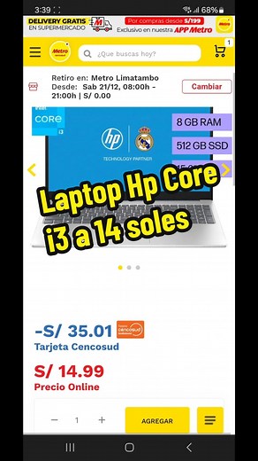 Notebook HP Intel Core i3 a 14 Soles en Metro