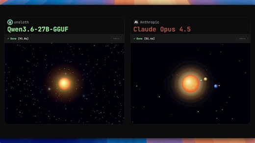 🥊 Round 3Qwen3.6 27B vs Claude Opus 4.5☀️ Solar System, a canvas challengeFull HTML and zero libraries. I ran the prompt once, and both models got it on the first try.27B — took 91.8sRunning on a rtx 5080 at 50tok/sUsing Q3_K_S gguf from @UnslothAI Opus — took 51.4sUsing @OpenRouter apiNot overly-quantized like Q3 at all, so it should be a big level above in output qualityThe results? 👀Opus chose a cooler camera angle, but placed the sun in the background and broke the perspective (planets don