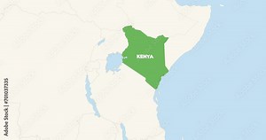 World Map Zoom In To Kenya. Animation in 4K Video. Green Kenya Territory On Blue and White World Map