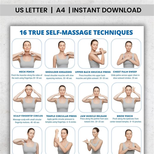 Self-massage Techniques Chart Printable, 16 Technique Instruction Poster, Body Massage Reference Sheet PDF, Home Practice Printable - Etsy
