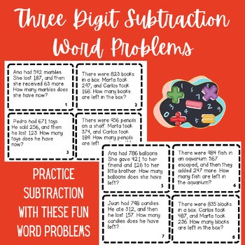 Subtraction Three-Digit Word Problems Task Cards Math Practice for Center
