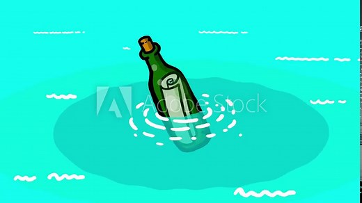 Bottle with a message inside in the water. Cartoon seamless loop 2d color motion design animation. Explainer, symbol, metaphor of communication. S.O.S. Save our ship. SOS.