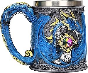 Medieval Viking Dragon Beer Mug, Stainless Steel Drinking Beer Stein Mug Coffee Cup, Viking Gifts for Men D&D Mug and Norse Medieval Decor (blue dragon)
