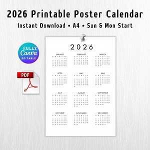 2026 Calendar, Printable, A4 Size, Instant Digital Download, Minimalist Monday & Sunday Start, Portrait - Etsy