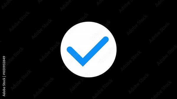 blue check mark icon animation on white circle. check mark icon animation on black background.