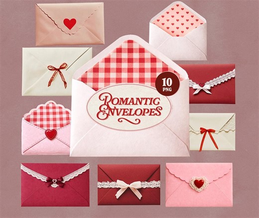 Coquette Romantic Envelopes Clipart PNG, Valentine Love Letters, Vintage Lace Bow Envelopes, Digital Paper for Scrapbooking Collage - Etsy