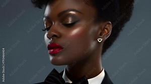 A stylish black woman donning a fitted tuxedo with a silky bowtie exuding an air of effortless elegance. Her bold makeup and accessories add a touch of edginess to her overall dapper .